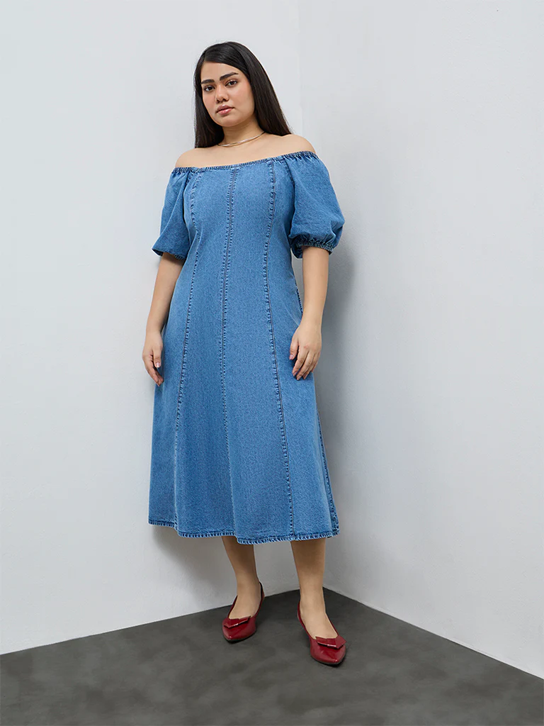 Gia Blue Off-Shoulder Denim A-Line Dress