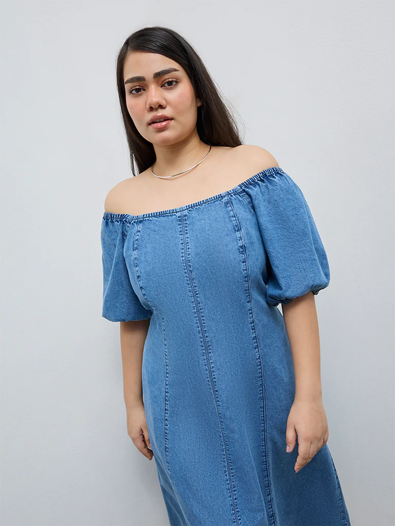Gia Blue Off-Shoulder Denim A-Line Dress - Image 2
