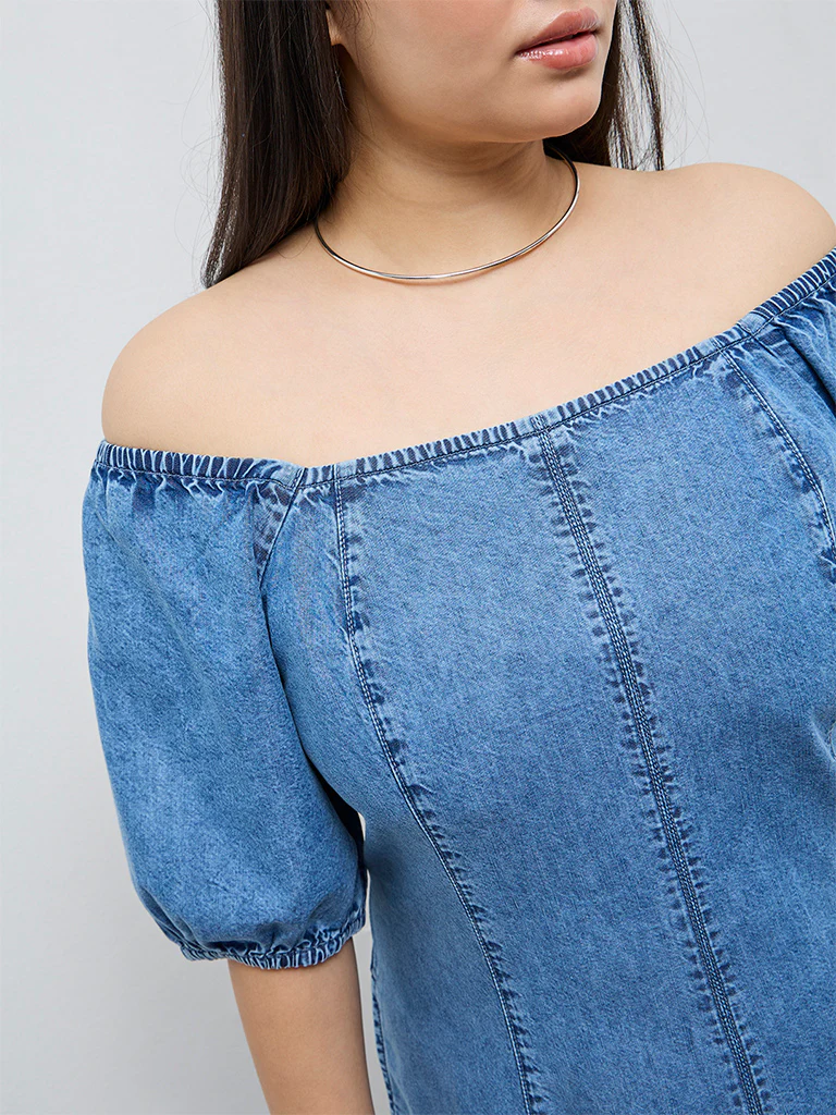 Gia Blue Off-Shoulder Denim A-Line Dress - Image 3