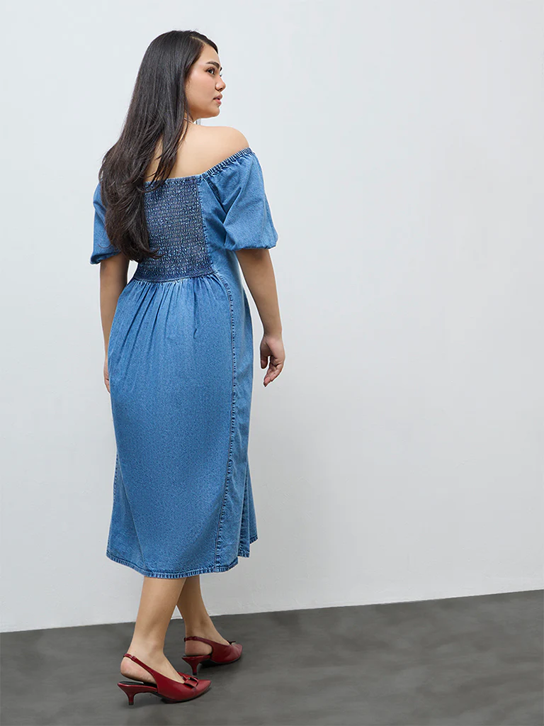 Gia Blue Off-Shoulder Denim A-Line Dress - Image 4