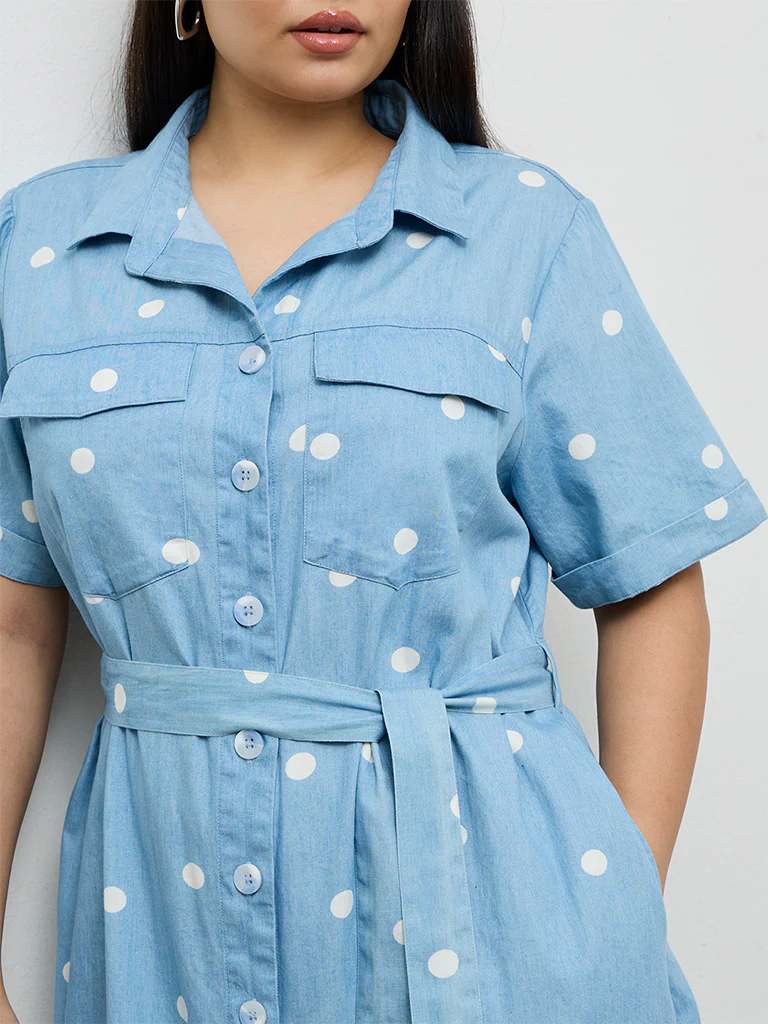 Gia Blue Polka Dotted Cotton Shirt Dress with Belt - Image 3