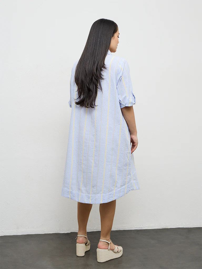 Gia Blue Seersucker Striped Cotton-Blend A-Line Dress - Image 4