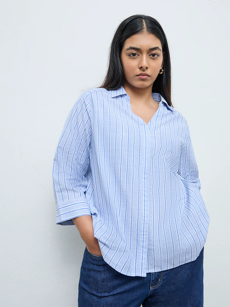 Gia Blue Striped Cotton-Blend Blouse - Image 2