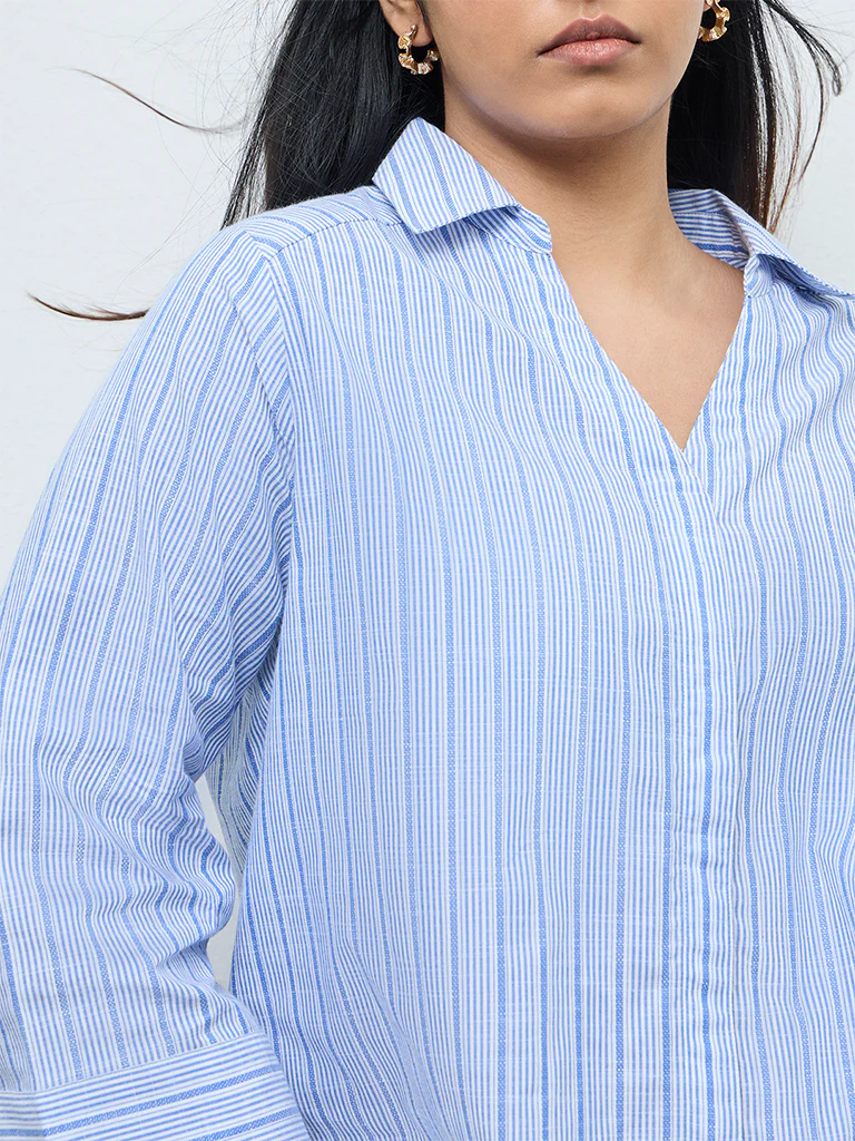 Gia Blue Striped Cotton-Blend Blouse - Image 3