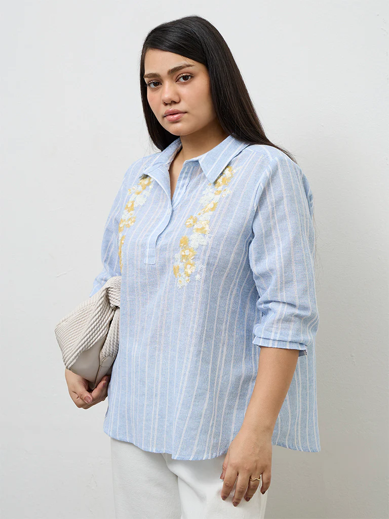 Gia Blue Striped Cotton-Blend Blouse