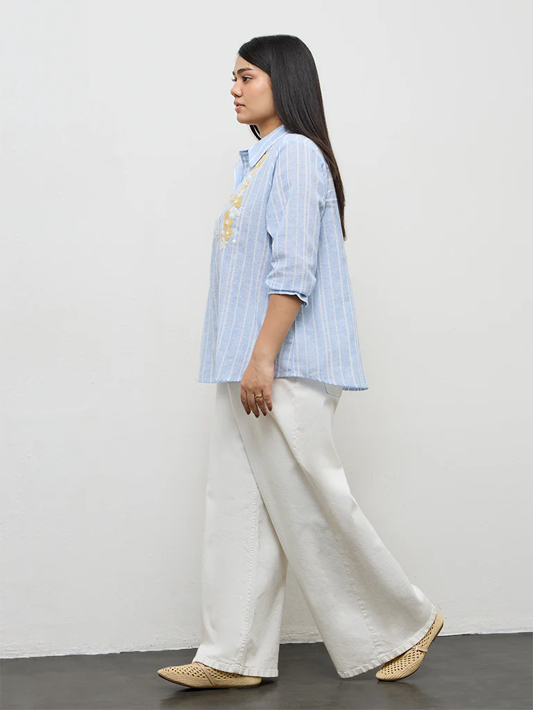 Gia Blue Striped Cotton-Blend Blouse - Image 2