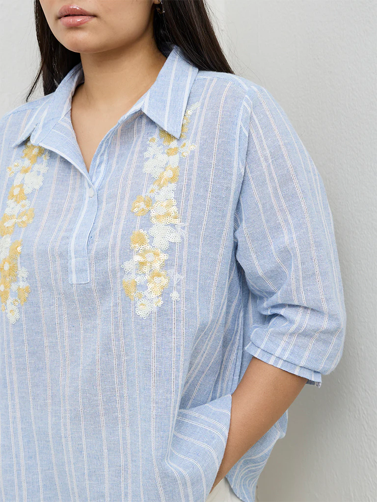 Gia Blue Striped Cotton-Blend Blouse - Image 3
