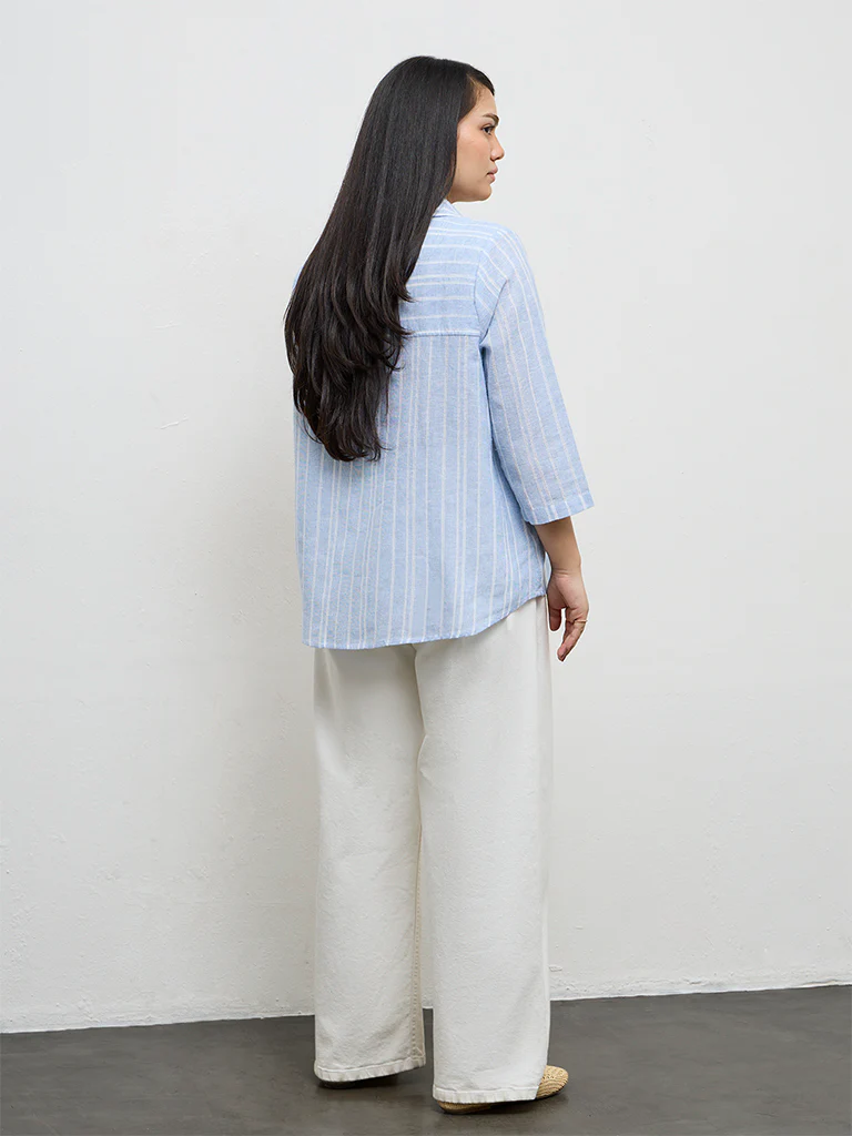 Gia Blue Striped Cotton-Blend Blouse - Image 4