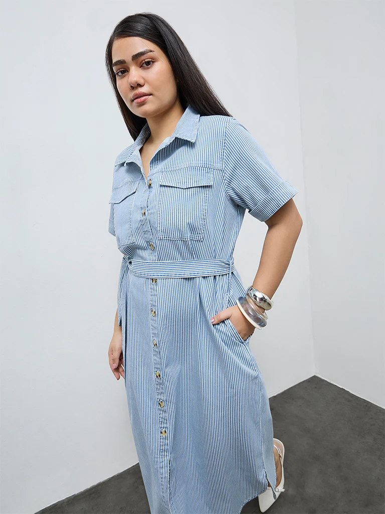 Gia Blue Striped Cotton-Blend Shirt Dress with Belt - Image 2