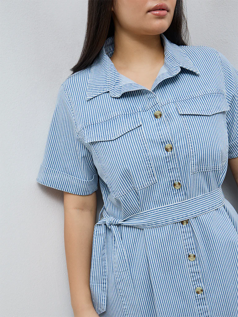 Gia Blue Striped Cotton-Blend Shirt Dress with Belt - Image 3