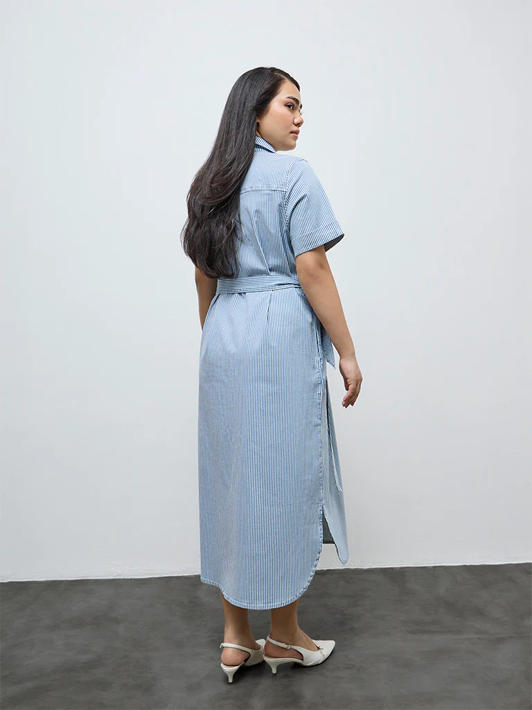 Gia Blue Striped Cotton-Blend Shirt Dress with Belt - Image 4