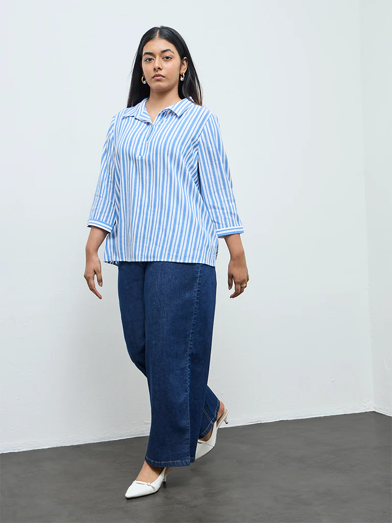 Gia Blue Striped Cotton Blouse - Image 2