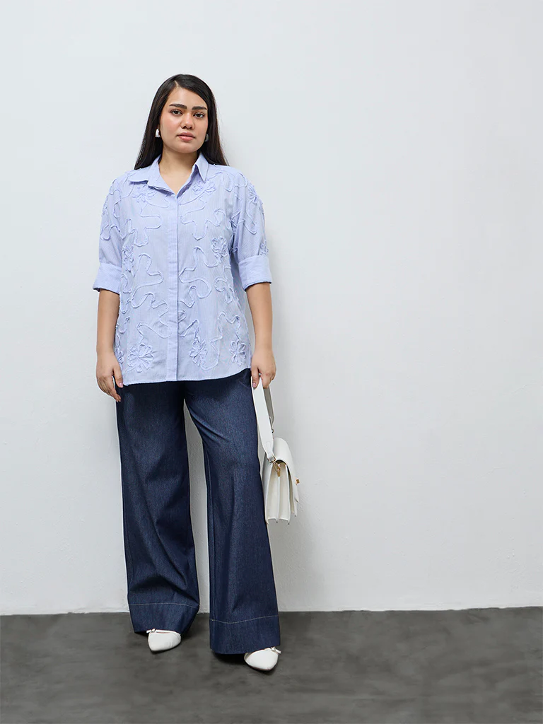 Gia Blue Textured Cotton Shirt - Image 3