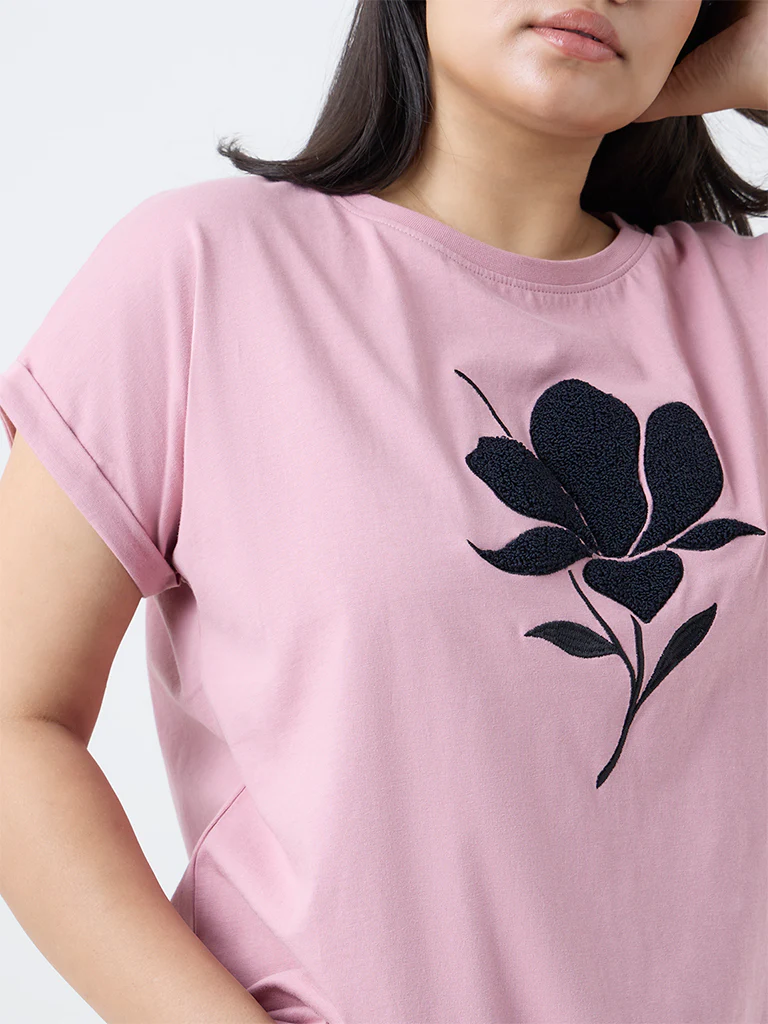 Gia Blush Pink Floral Embroidered Cotton T-Shirt - Image 3