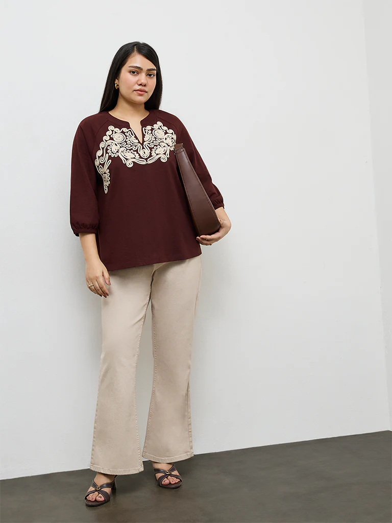 Gia Brown Embroidered Cotton Blouse - Image 2