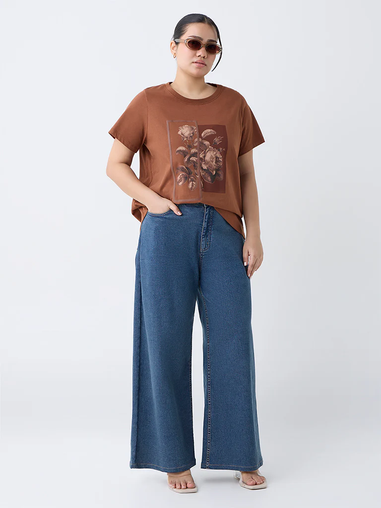 Gia Brown Floral Pattern Cotton T-Shirt - Image 2