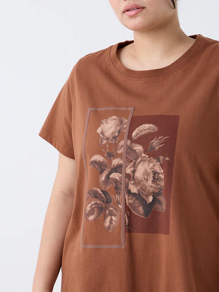 Gia Brown Floral Pattern Cotton T-Shirt - Image 3