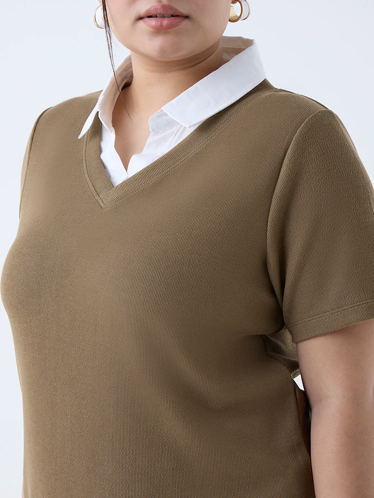 Gia Brown Ribbed-Textured Polo T-Shirt - Image 3