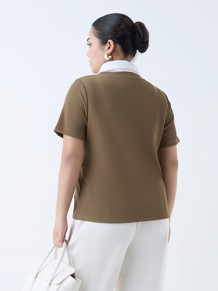 Gia Brown Ribbed-Textured Polo T-Shirt - Image 4
