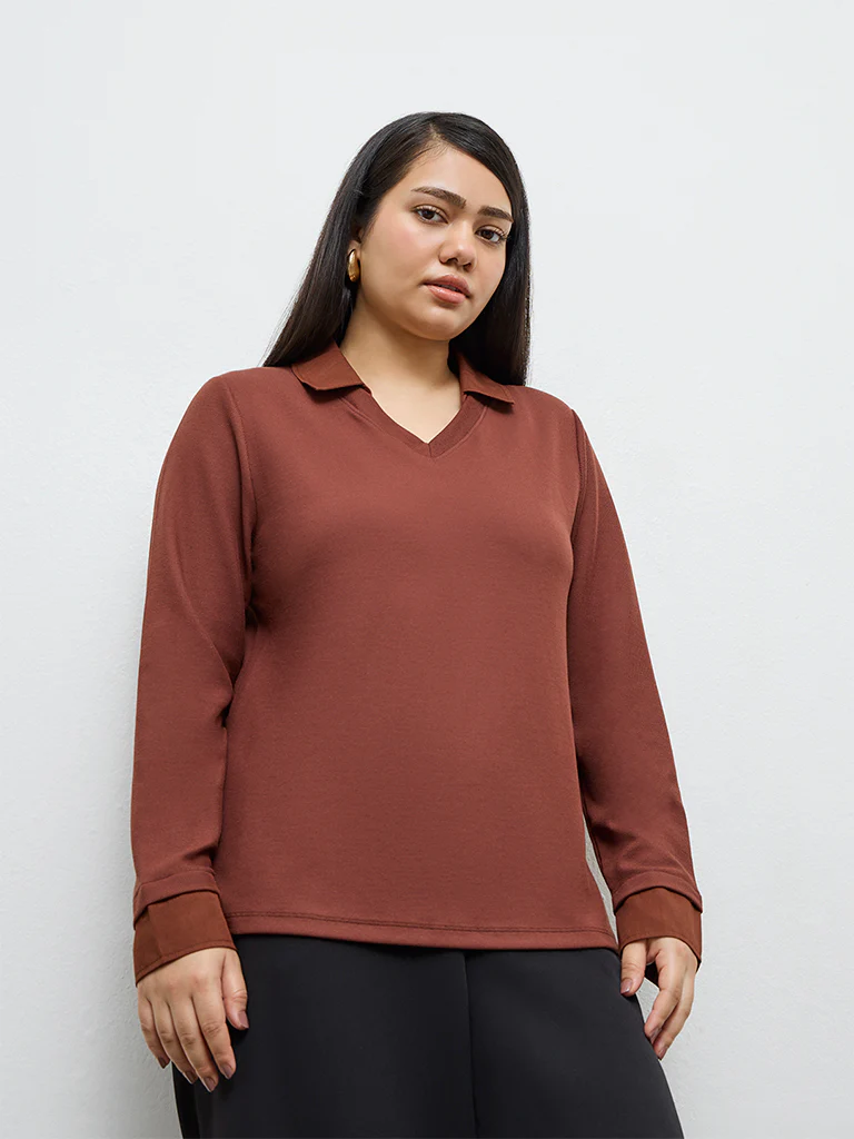 Gia Brown Ribbed-Textured T-Shirt - Image 2
