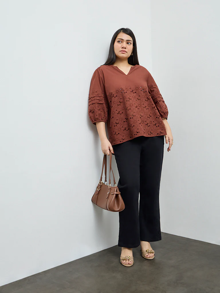 Gia Brown Schiffli Embroidered Cotton Blouse - Image 2