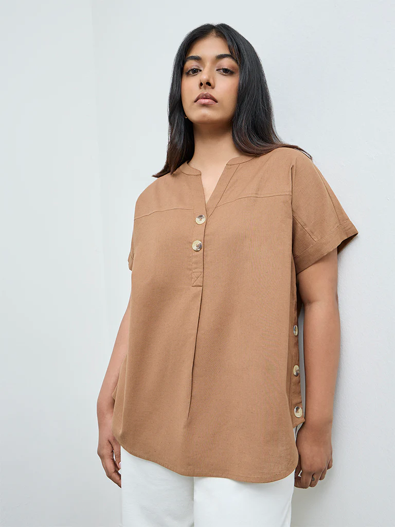Gia Brown Solid Cotton-Blend Blouse