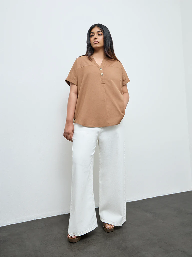 Gia Brown Solid Cotton-Blend Blouse - Image 2