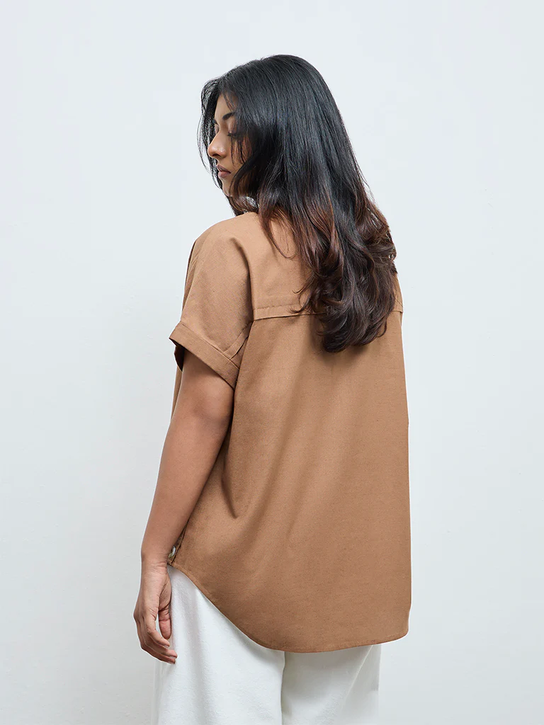Gia Brown Solid Cotton-Blend Blouse - Image 4