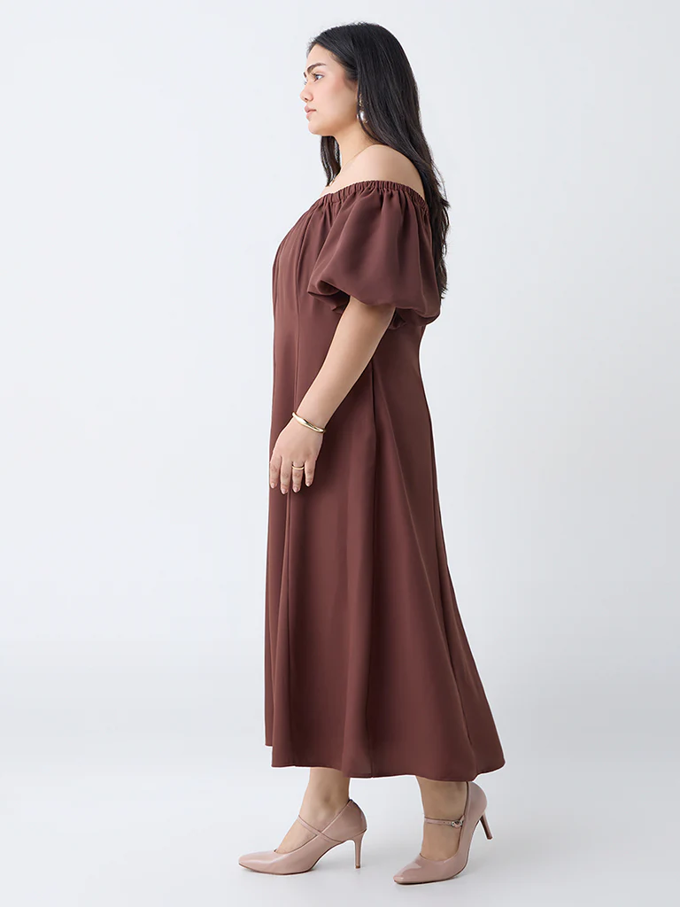 Gia Brown Solid Off-Shoulder Dress - Image 2
