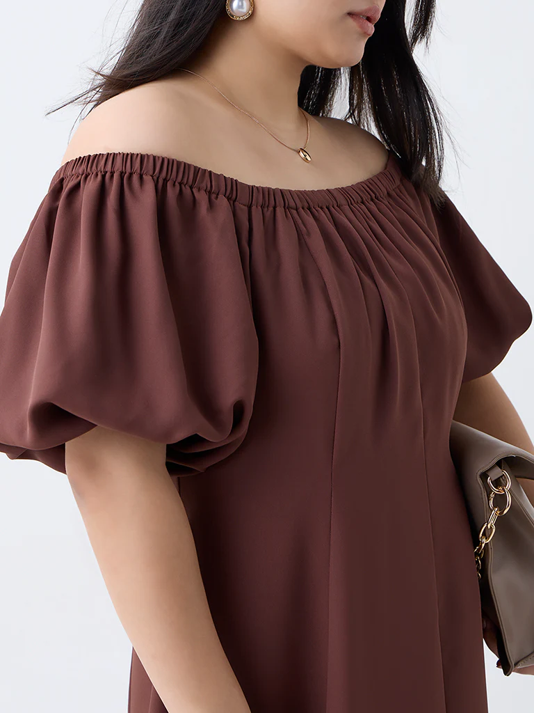 Gia Brown Solid Off-Shoulder Dress - Image 3