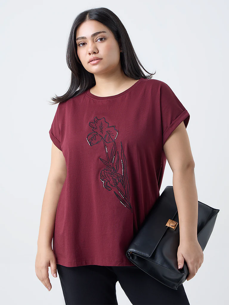 Gia Burgundy Floral Embroidered Cotton T-Shirt - Image 2