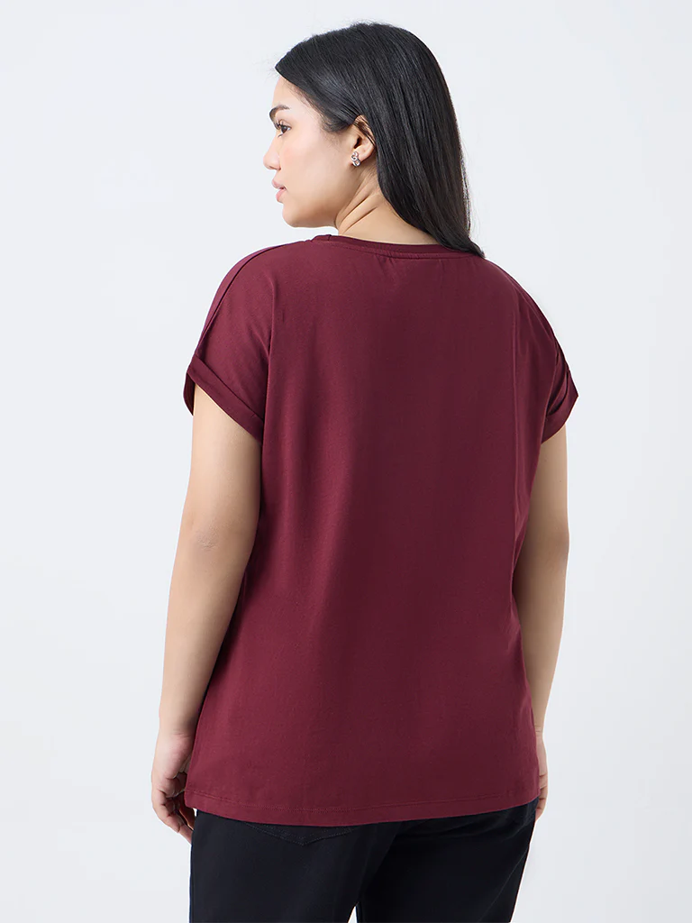 Gia Burgundy Floral Embroidered Cotton T-Shirt - Image 4