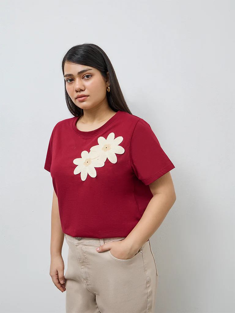 Gia Burgundy Floral Embroidered Cotton T-Shirt - Image 2
