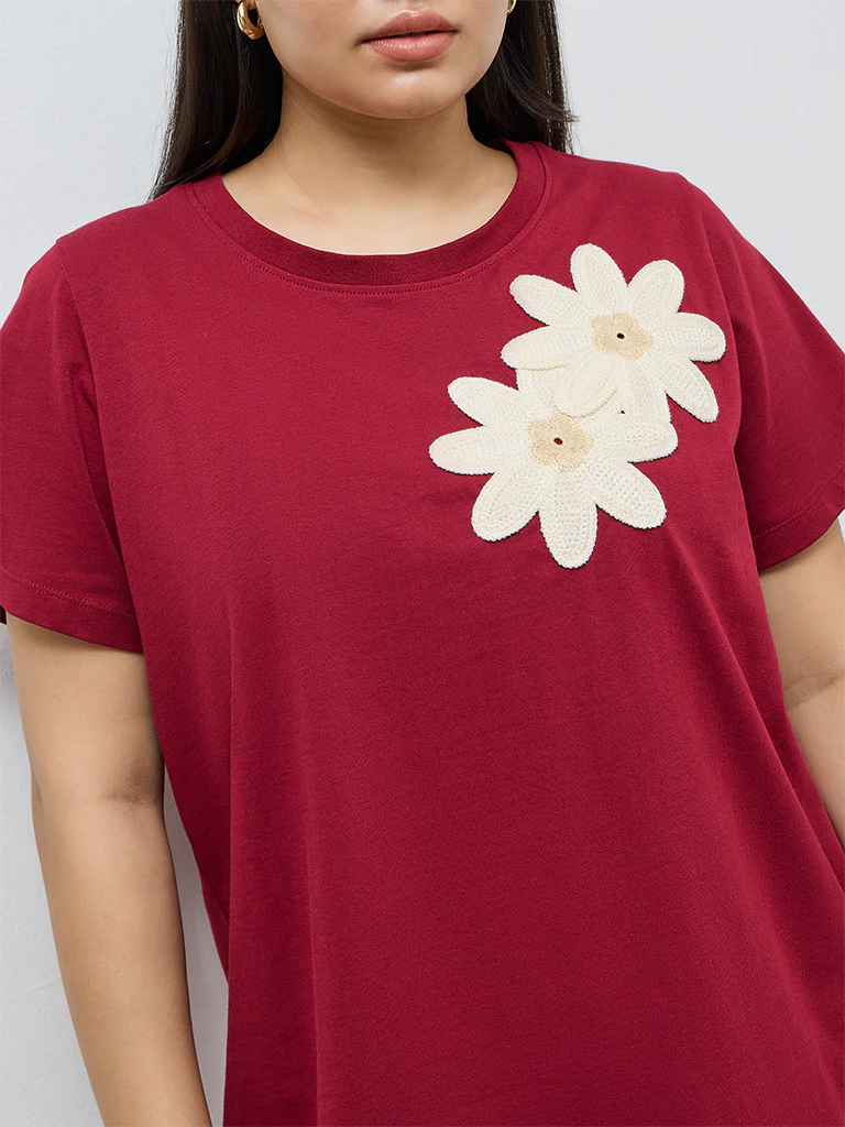 Gia Burgundy Floral Embroidered Cotton T-Shirt - Image 3