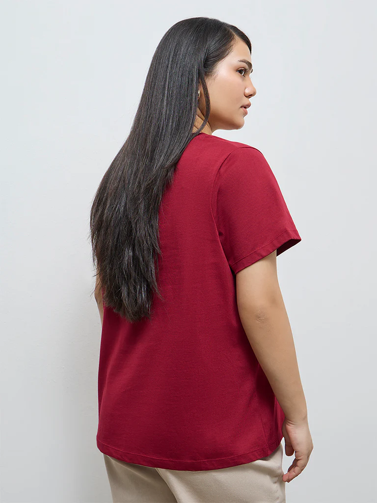 Gia Burgundy Floral Embroidered Cotton T-Shirt - Image 4