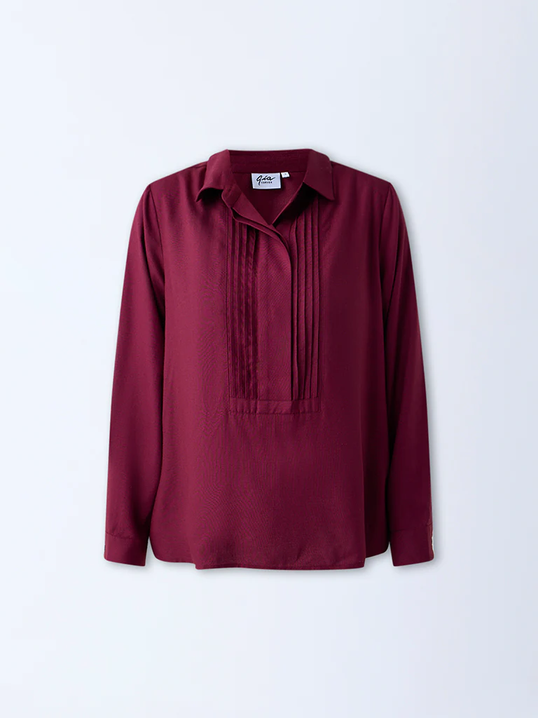 Gia Burgundy Pintuck Detailed Blouse - Image 5