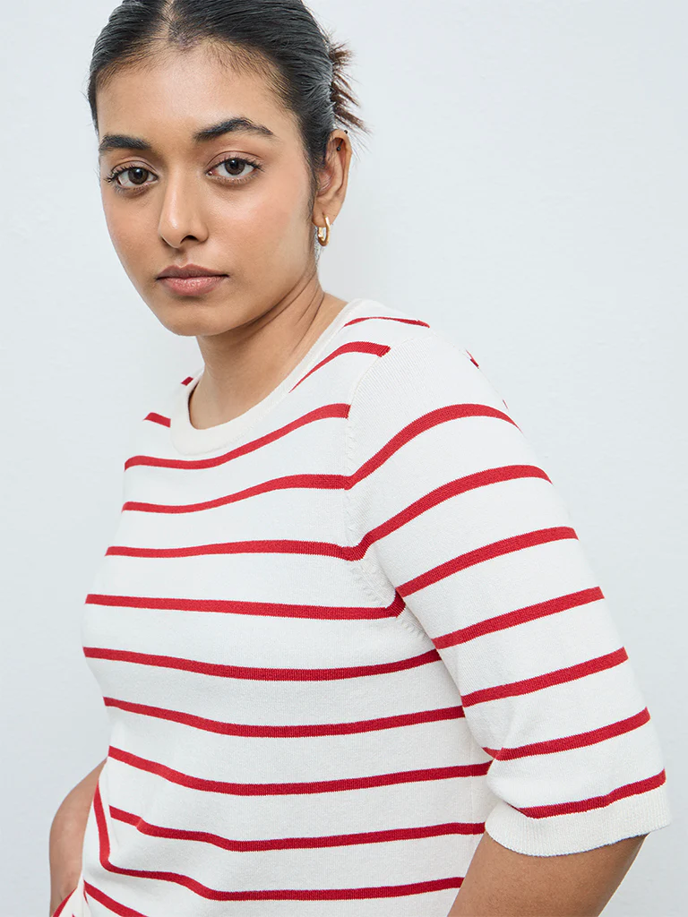 Gia Cream and Red Striped Knit-Textured Sweater - Image 3