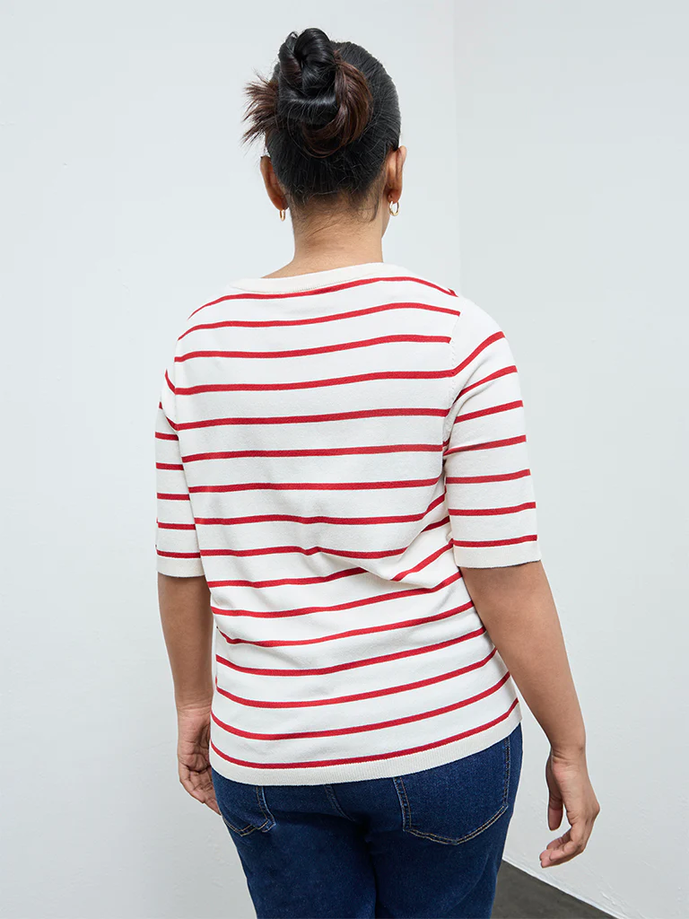 Gia Cream and Red Striped Knit-Textured Sweater - Image 4