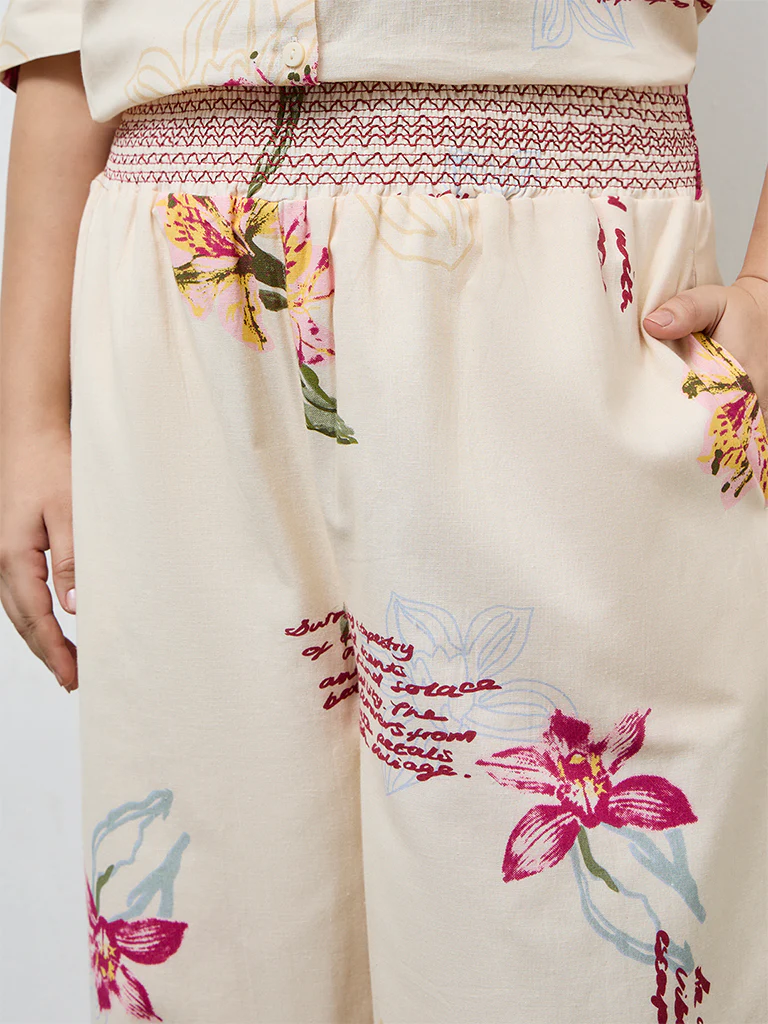 Gia Cream Floral Design High-Rise Cotton-Blend Trousers - Image 3