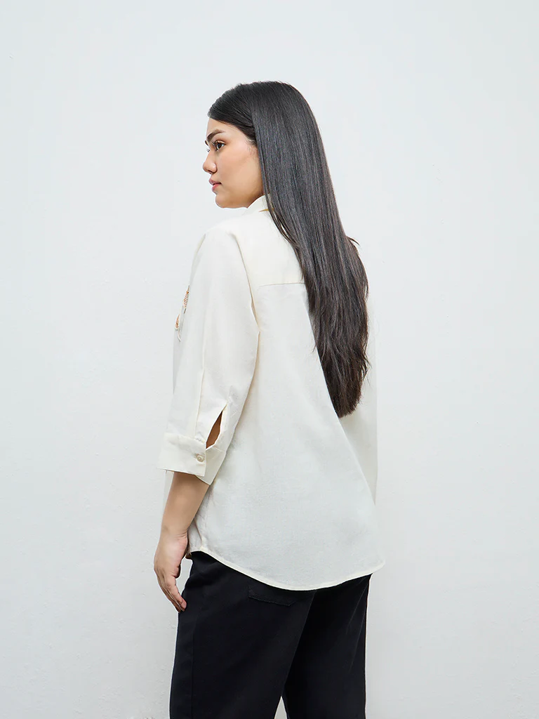 Gia Cream Floral Embroidered Cotton-Blend Shirt - Image 4