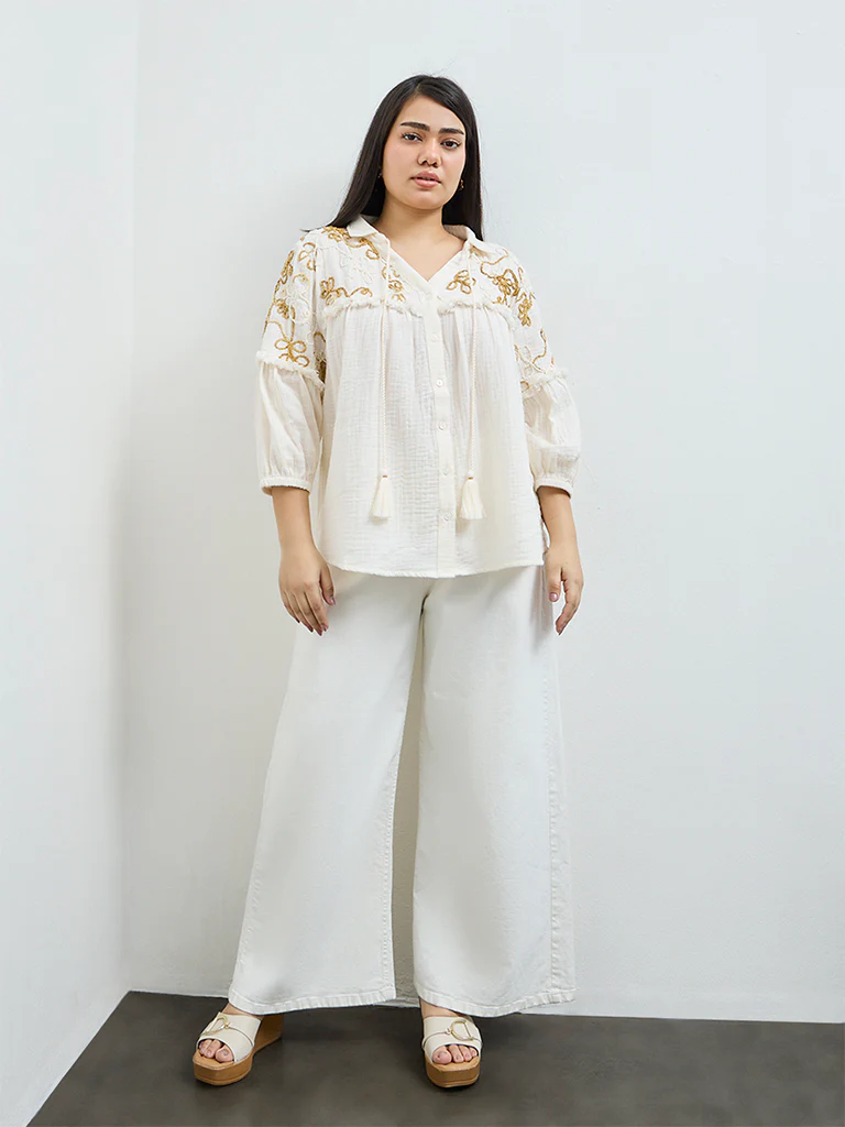 Gia Cream Floral Embroidered Cotton Blouse - Image 2