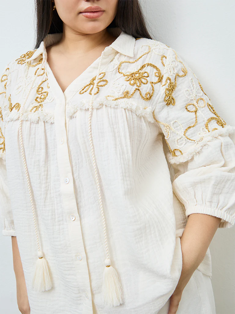 Gia Cream Floral Embroidered Cotton Blouse - Image 3
