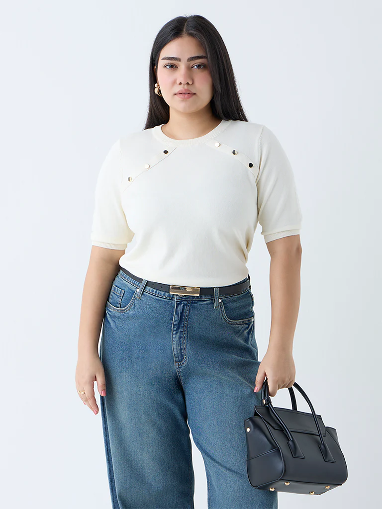 Gia Cream Solid Knitted T-Shirt - Image 2