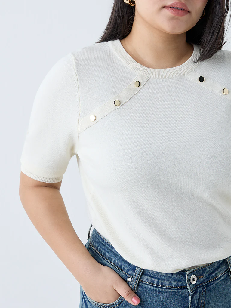 Gia Cream Solid Knitted T-Shirt - Image 3
