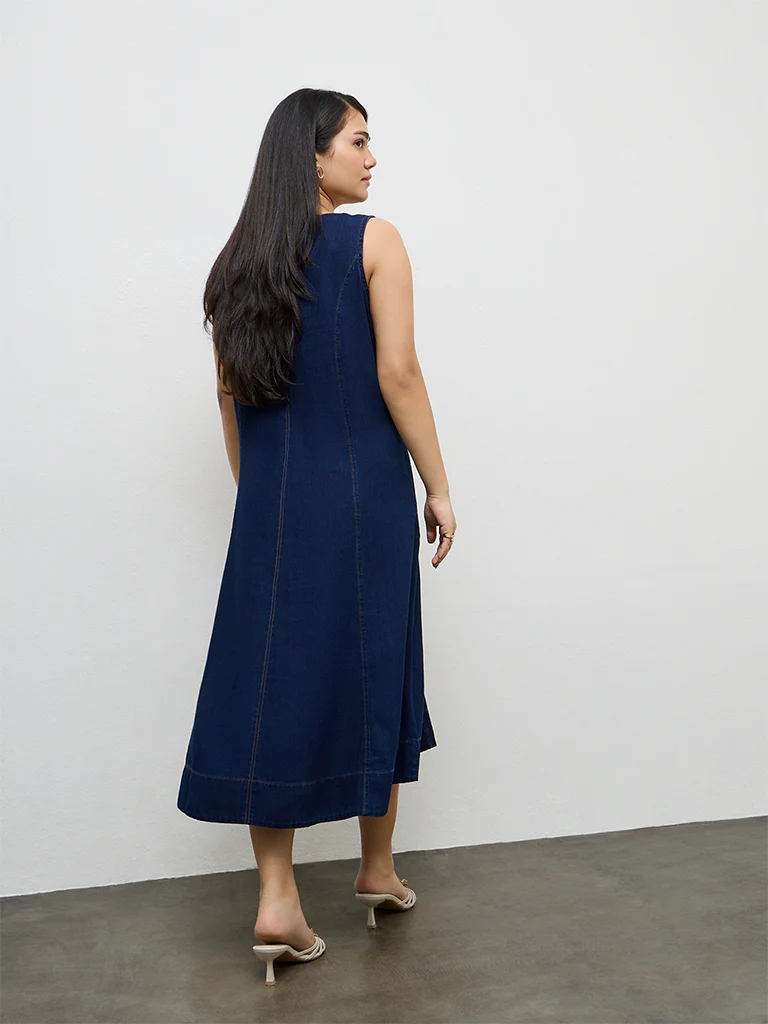Gia Dark Blue Denim A-Line Dress - Image 4