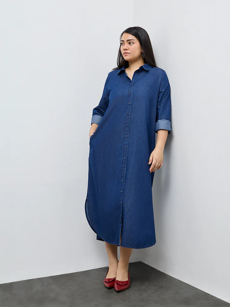Gia Dark Blue Denim Shirt Dress - Image 2