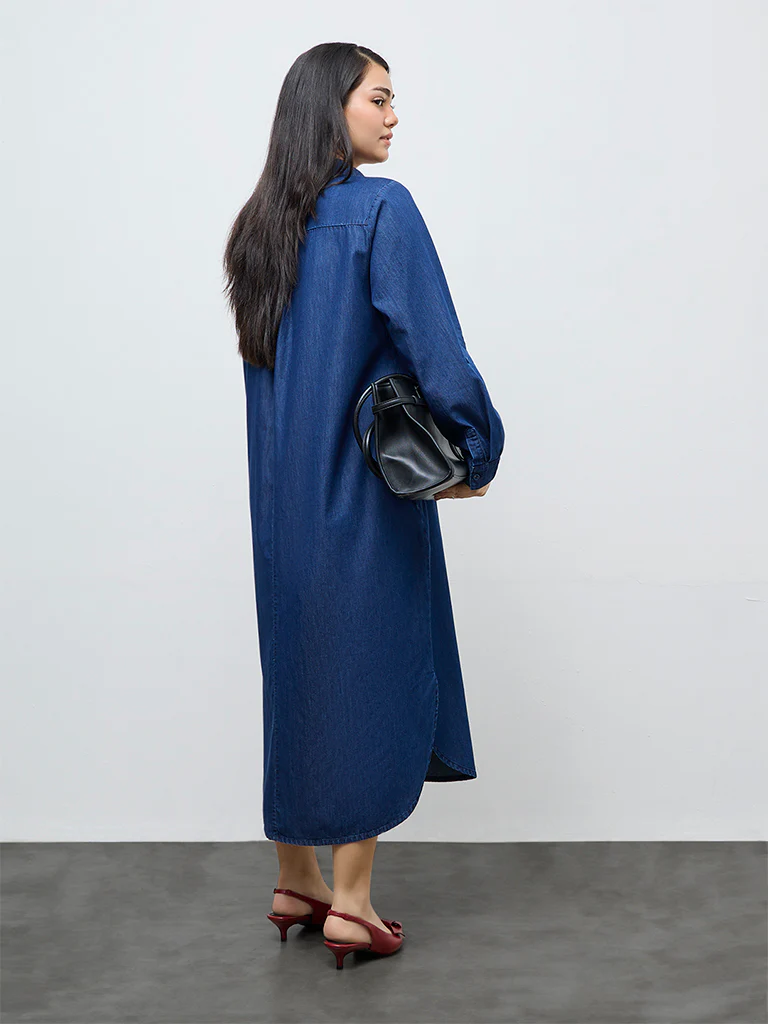 Gia Dark Blue Denim Shirt Dress - Image 4