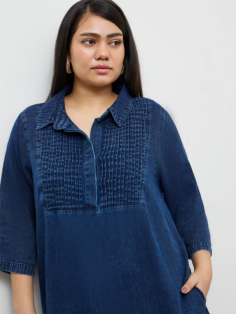 Gia Dark Blue Pintuck Denim A-Line Dress - Image 3