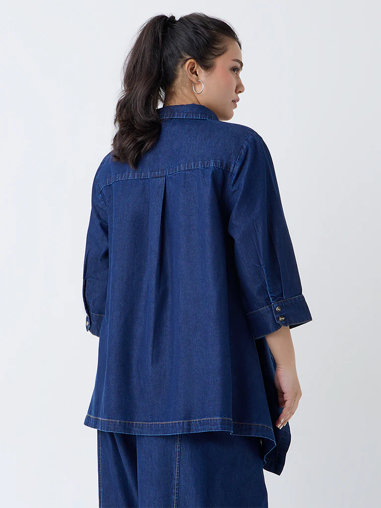 Gia Dark Blue Solid Denim Blouse - Image 4