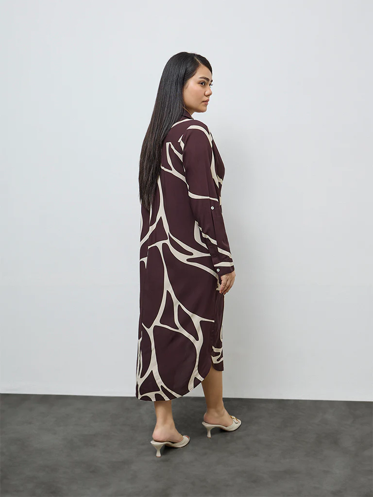 Gia Dark Brown Abstract Design Shirt Dress - Image 4